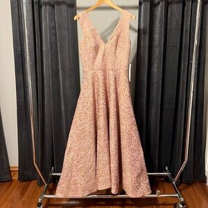 Theia Couture Rose Gold High Low Formal Jacquard Gown.